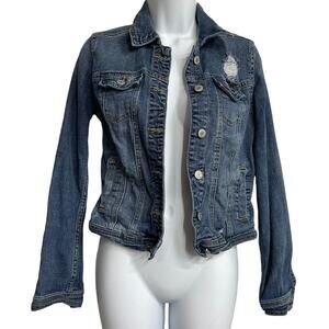 Mossimo Denim Jacket Womens XS Blue Cotton Blend Button Front Y2K Distressed
